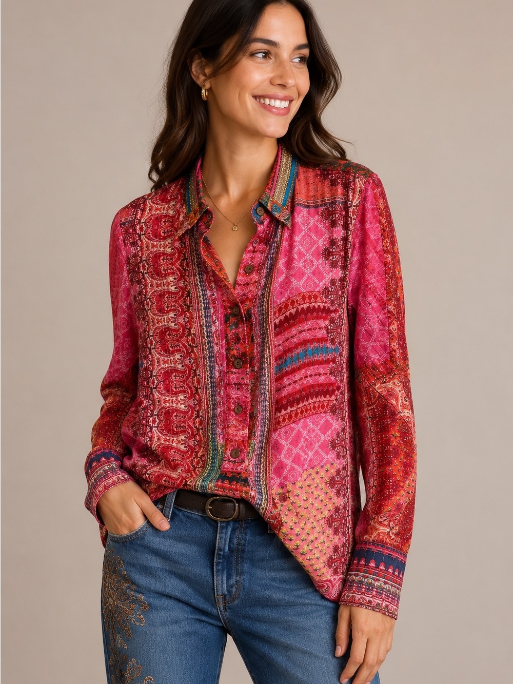 Desigual Patchwork Boho Button Front Shirt Blouse XS Colorful